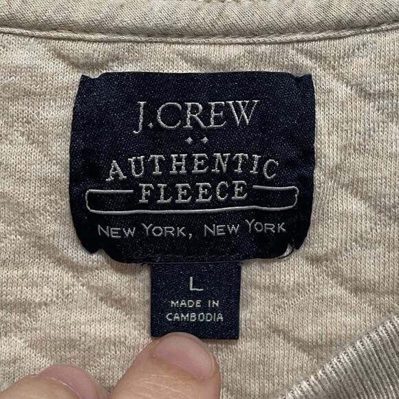 Preppy J Crew Mens Fleece Quilted Crewneck Sweatshirt Large Oatmeal Beige FLAW - Picture 2 of 7
